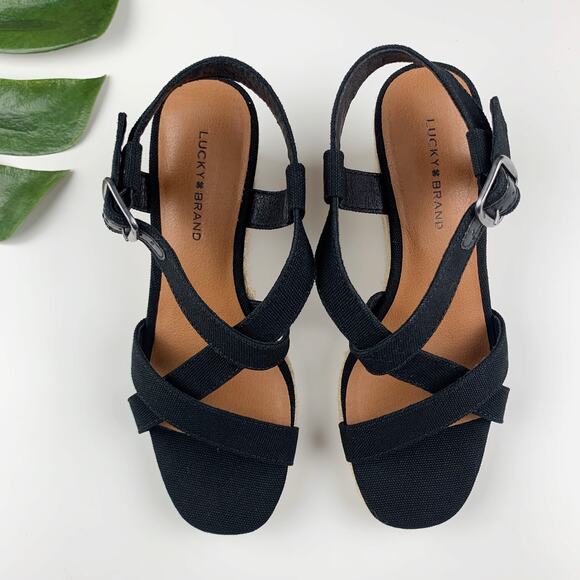 Lucky Brand Mytila Sandals Wedge Espadrille Black Fabric Strappy Women's 7 - Picture 2 of 12